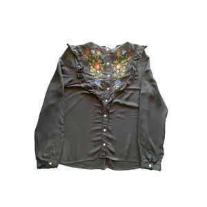 Love Tree Chambray Flower Embroidered Button Down Women Long sleeve Shirt Large